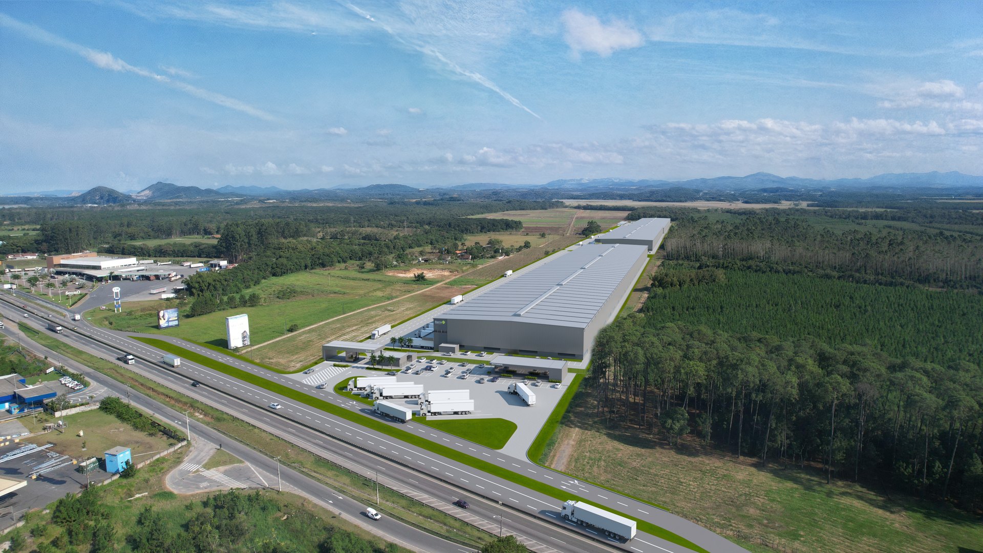Vista aérea projetada dos galpões às margens da BR-101